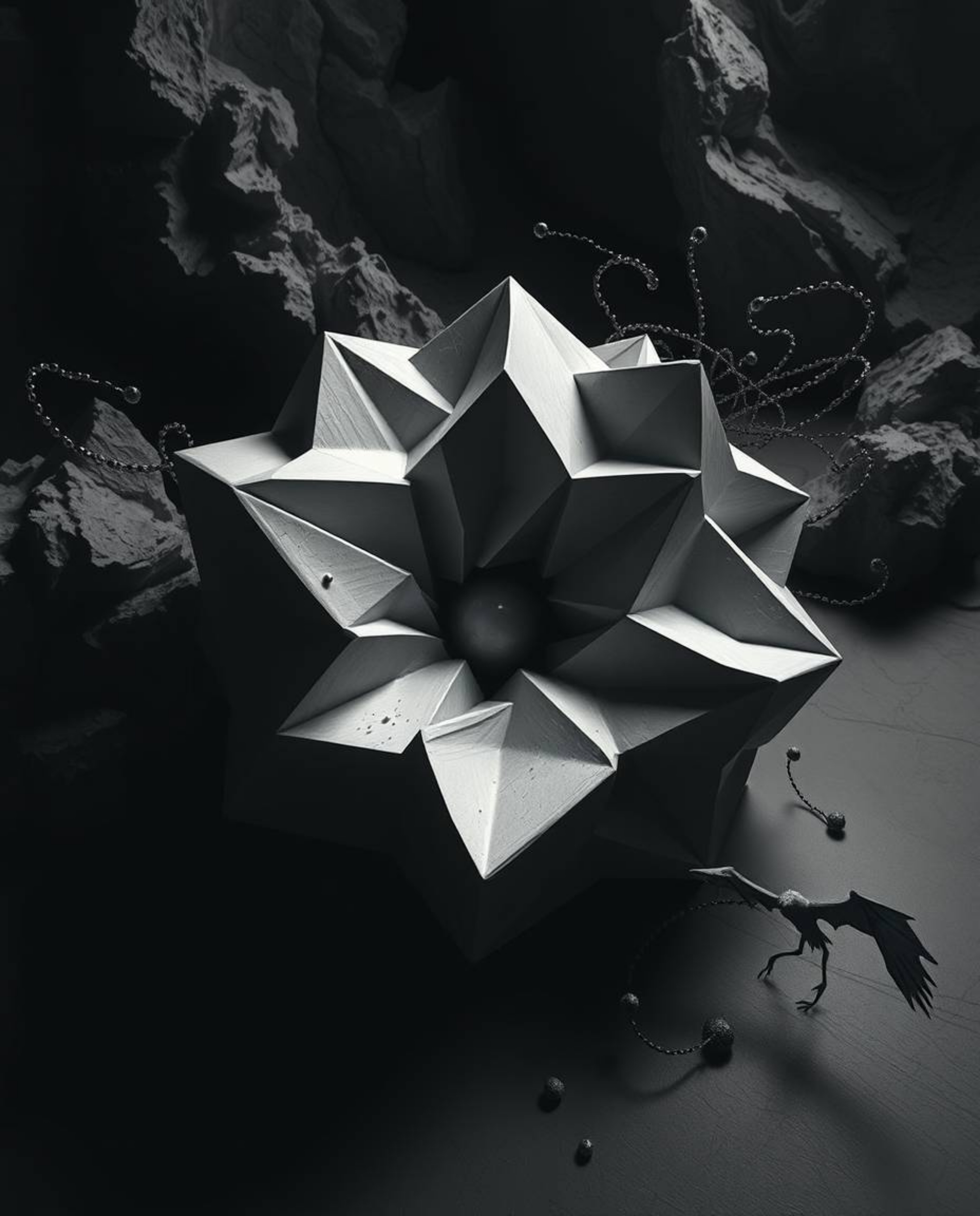 A captivating monochrome image showcases a surreal 3D geometric pattern resembling folded paper.  Rendered in a dramatic cine