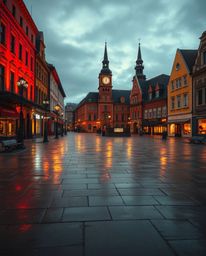 Capture the surreal atmosphere of an empty town square, rendered with a cast bronze surface effect under intense dramatic lig