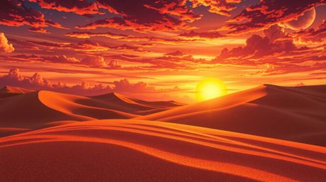 A captivating close-up, anime-style depiction of a sunset over a desert landscape.  Golden dunes stretch towards a fiery suns