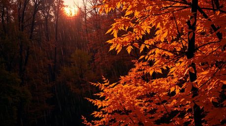 Experience the vibrancy of an autumn forest brought to life by the setting sun. Golden leaves gleam under a wet, rainy sky, c