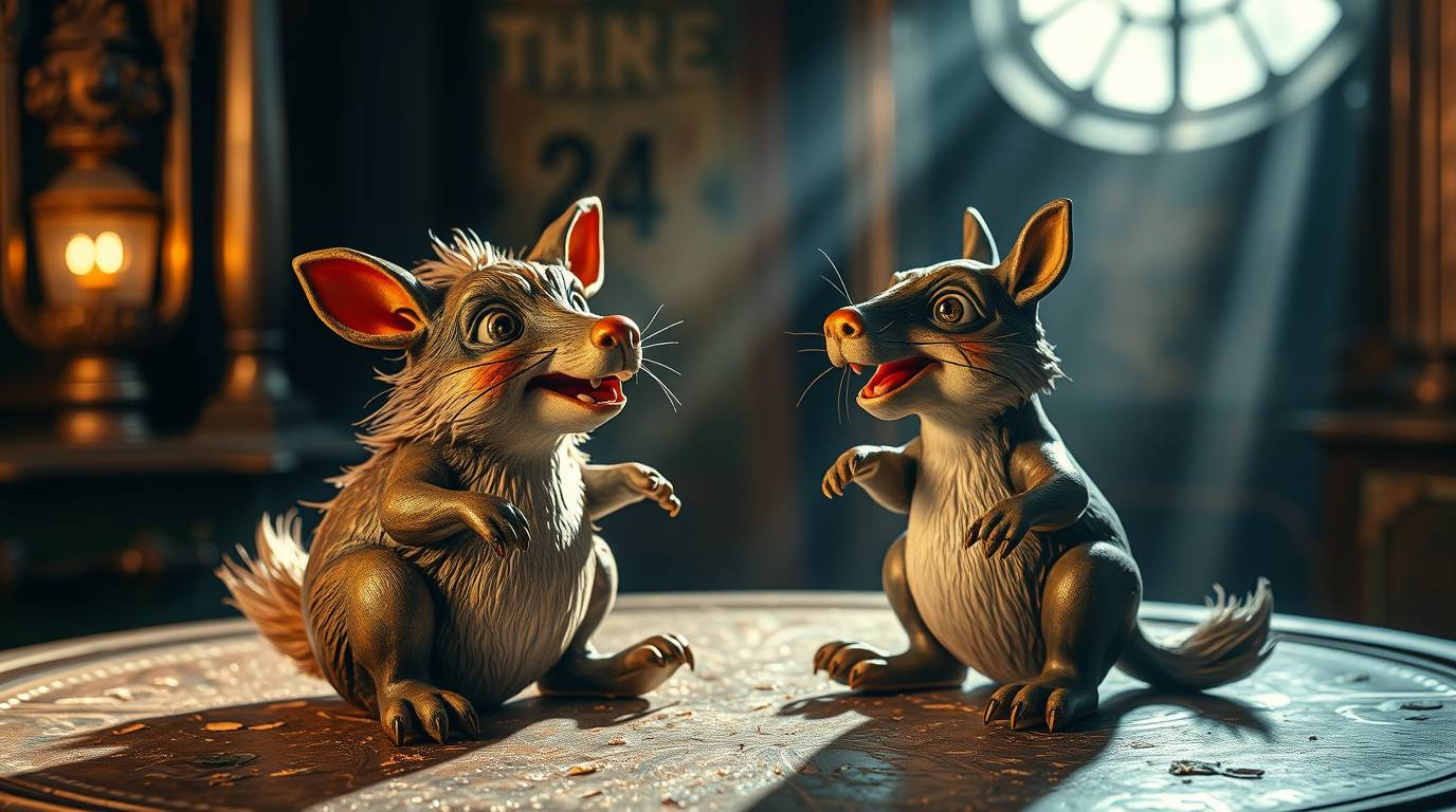 A captivating scene featuring two mischievous talking animals set against a richly detailed bronze background.  Volumetric li