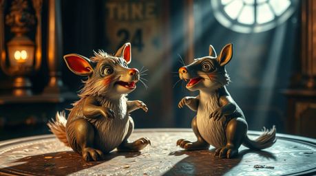A captivating scene featuring two mischievous talking animals set against a richly detailed bronze background.  Volumetric li