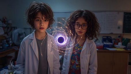 In a highly detailed, cinematic photo with a vibrant, Pixar-inspired color palette, a dynamic science fair duo—a curious boy 