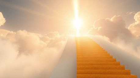 A breathtaking image depicts a golden staircase ascending through ethereal clouds towards a glowing heaven.  Volumetric light
