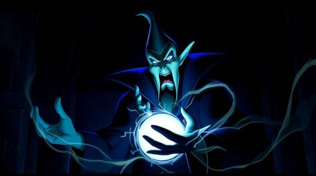 A classic Disney villain stands ominously in a dark castle, casting a powerful spell. The scene is bathed in intense, dramati