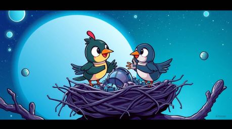 A captivating futuristic sci-fi illustration showcases two charming cartoon birds meticulously building their nest. Rendered