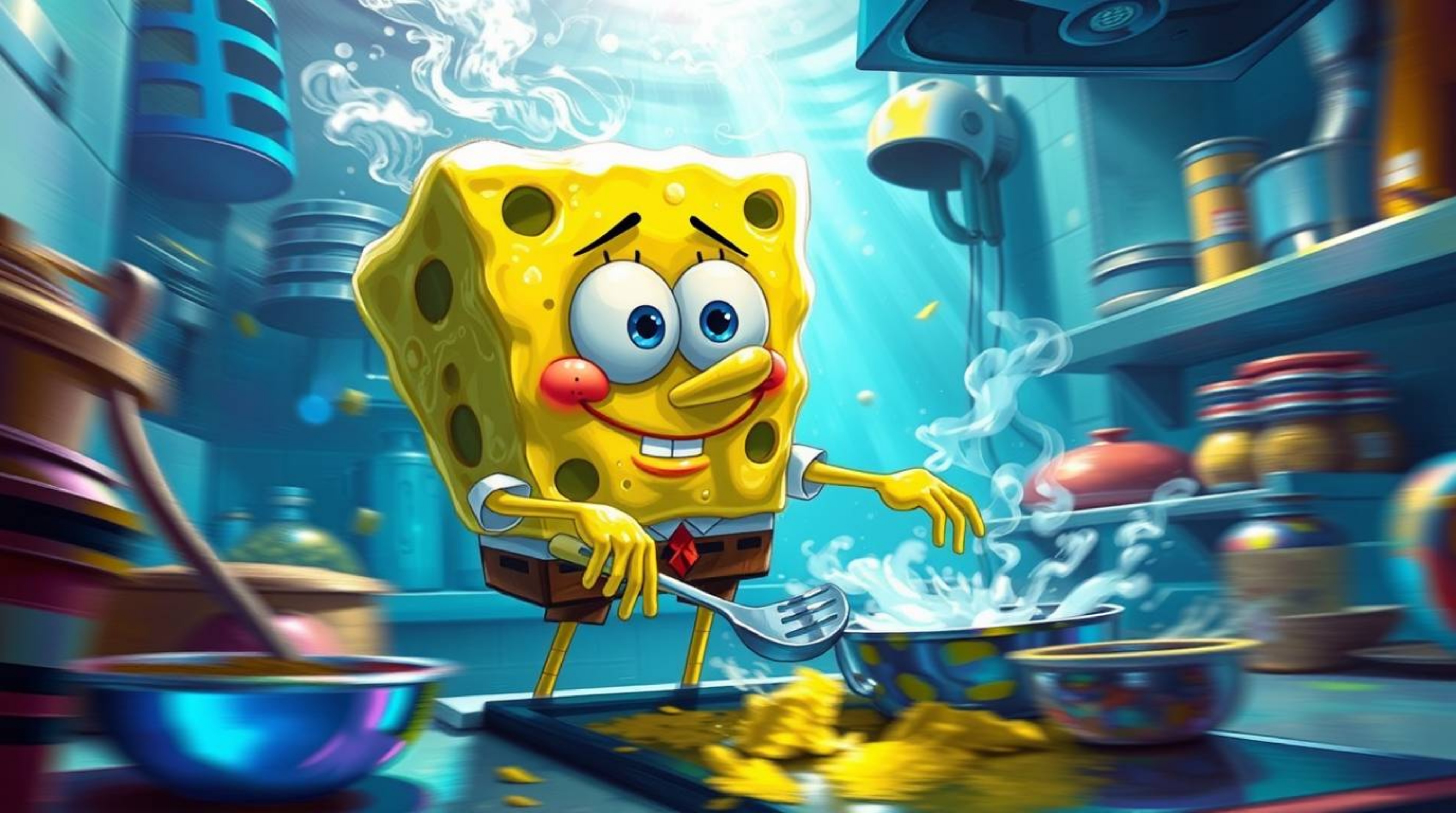 Explore a vibrant underwater world with this dynamic digital painting featuring a sponge character joyfully cooking in a bust