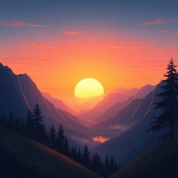 This digital illustration showcases an adorable and cute sunset over a quiet mountain valley, rendered with charming features