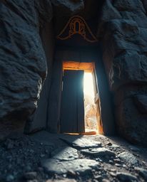 An extreme macro close-up captures an ancient doorway, glowing with runes etched into a mountain's side, using a long exposur