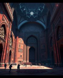 Experience an epic and modern futuristic scene, a grand-scale masterpiece featuring Islamic geometric patterns meticulously c