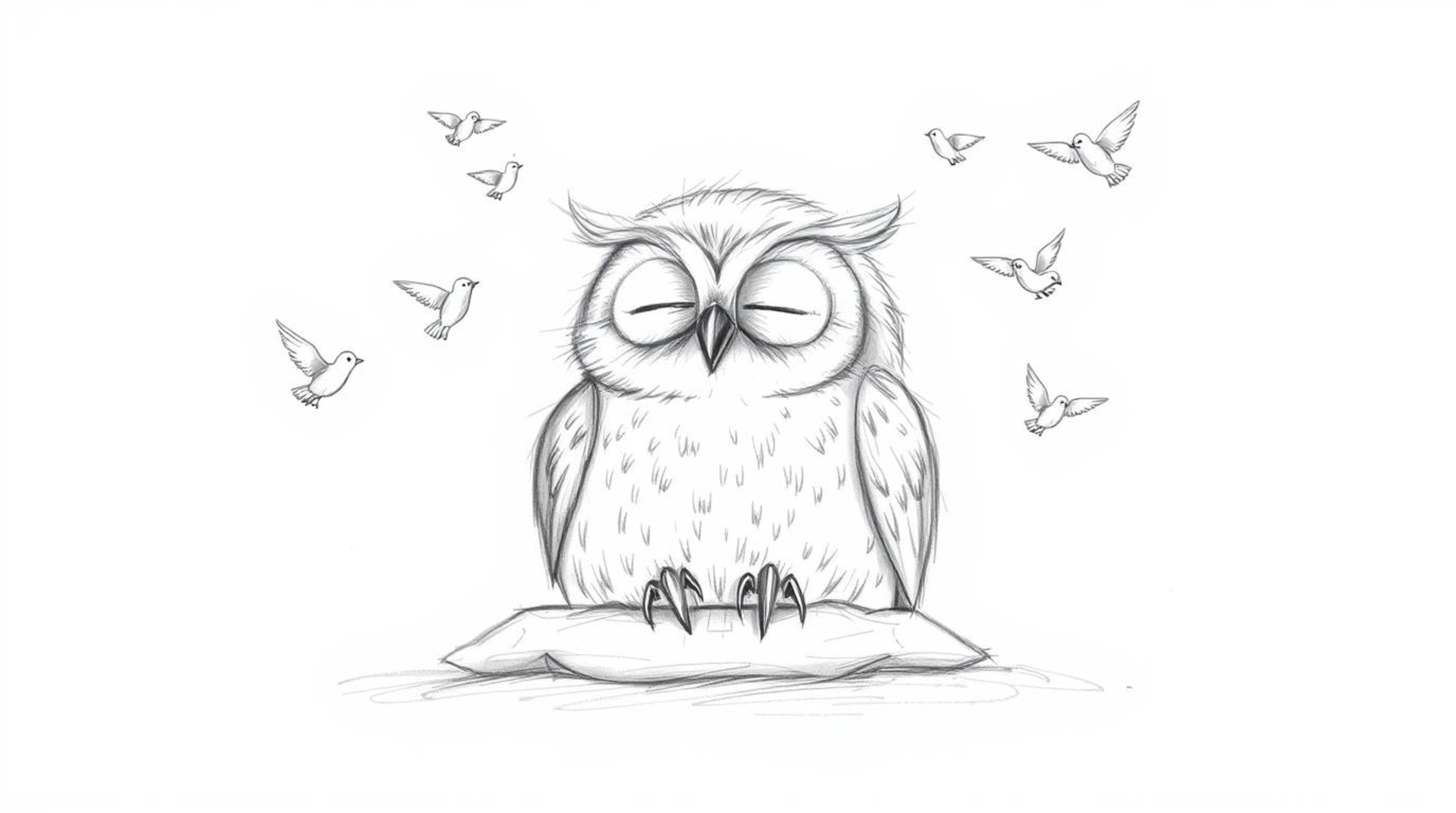 A heartwarming, hand-drawn sketch in the style of Pixar depicts a blind owl with soft, feathery textures, resting peacefully 