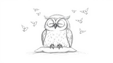 A heartwarming, hand-drawn sketch in the style of Pixar depicts a blind owl with soft, feathery textures, resting peacefully 