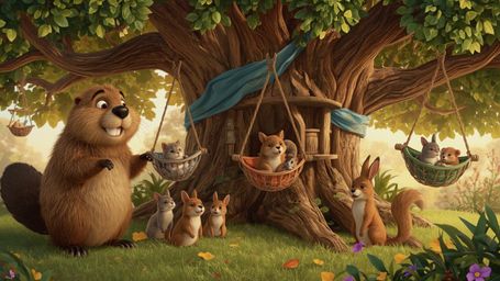 A high-resolution, commercially viable stock photo depicting a whimsical, Pixar-inspired beaver busily constructing a luxurio