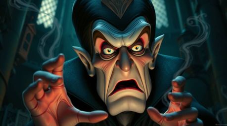 A close-up showcasing the face of a classic Disney villain casting a spell within the confines of an old castle. The scene is