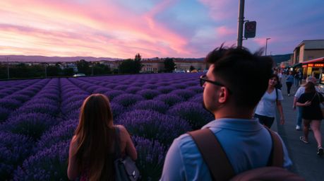Experience candid street photography from a unique high-angle perspective, capturing breathtaking views of lavender fields ba
