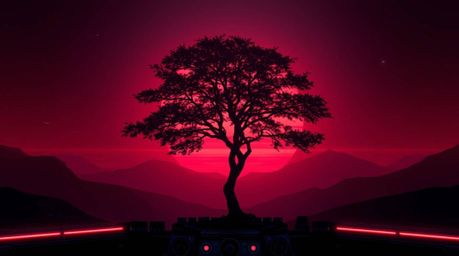 A captivating image depicting a lone tree silhouetted against a vibrant, fiery sunset.  The scene is rendered in a sophistica