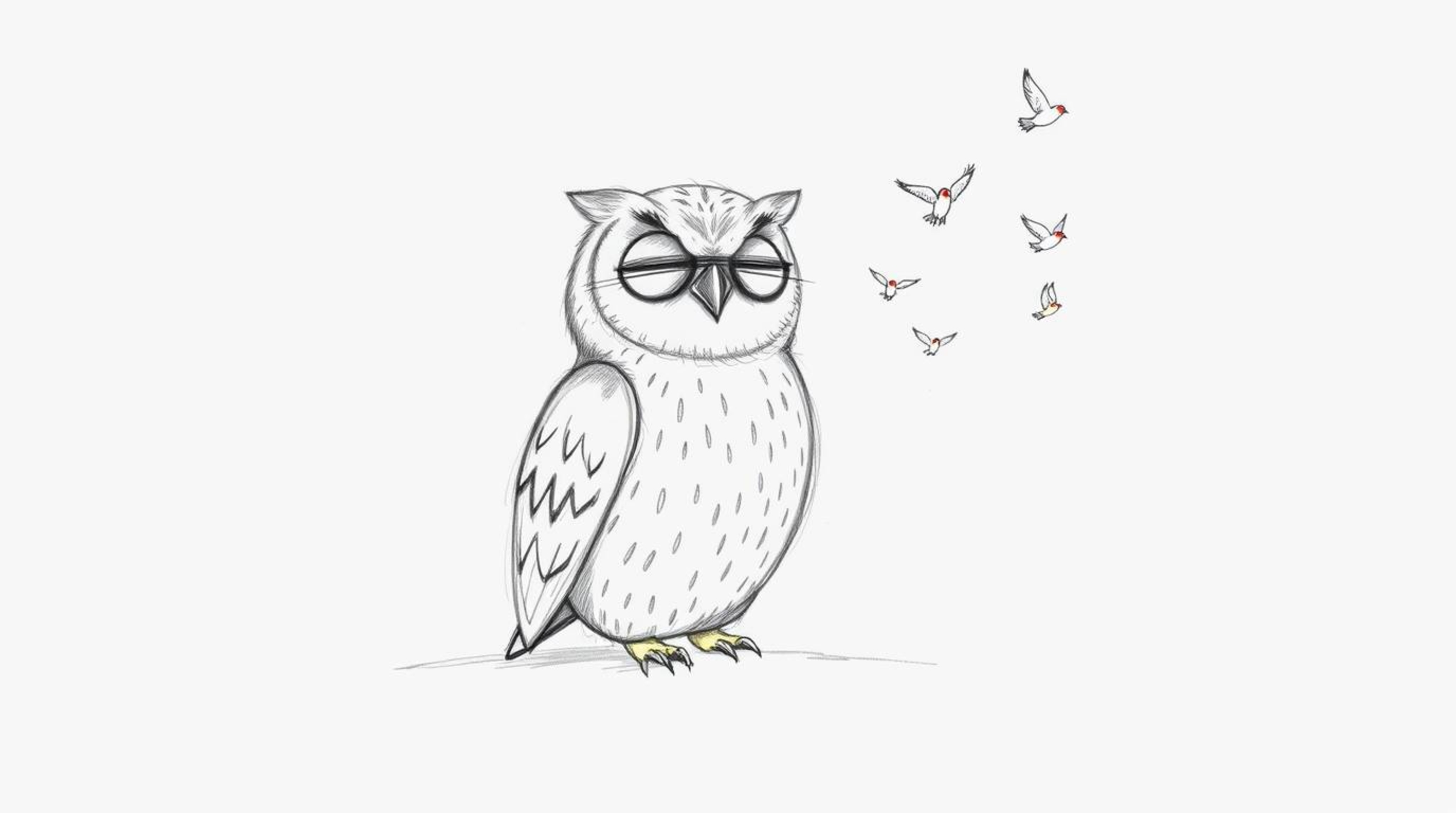 A hand-drawn sketch inspired by Pixar, showcasing a serene, blind owl with softly textured feathers. The owl sits calmly agai