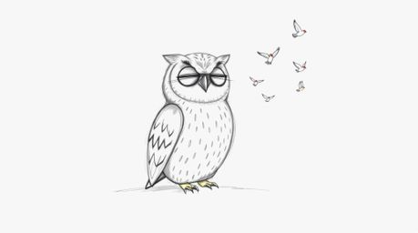 A hand-drawn sketch inspired by Pixar, showcasing a serene, blind owl with softly textured feathers. The owl sits calmly agai