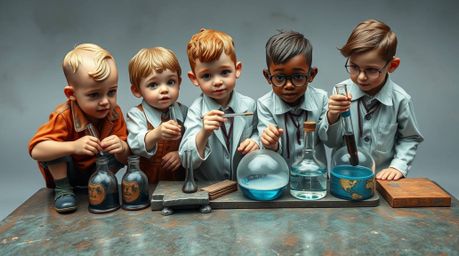 A whimsical scene unfolds, featuring a group of quirky kids, each with unique features and diverse skin tones, dressed in vin