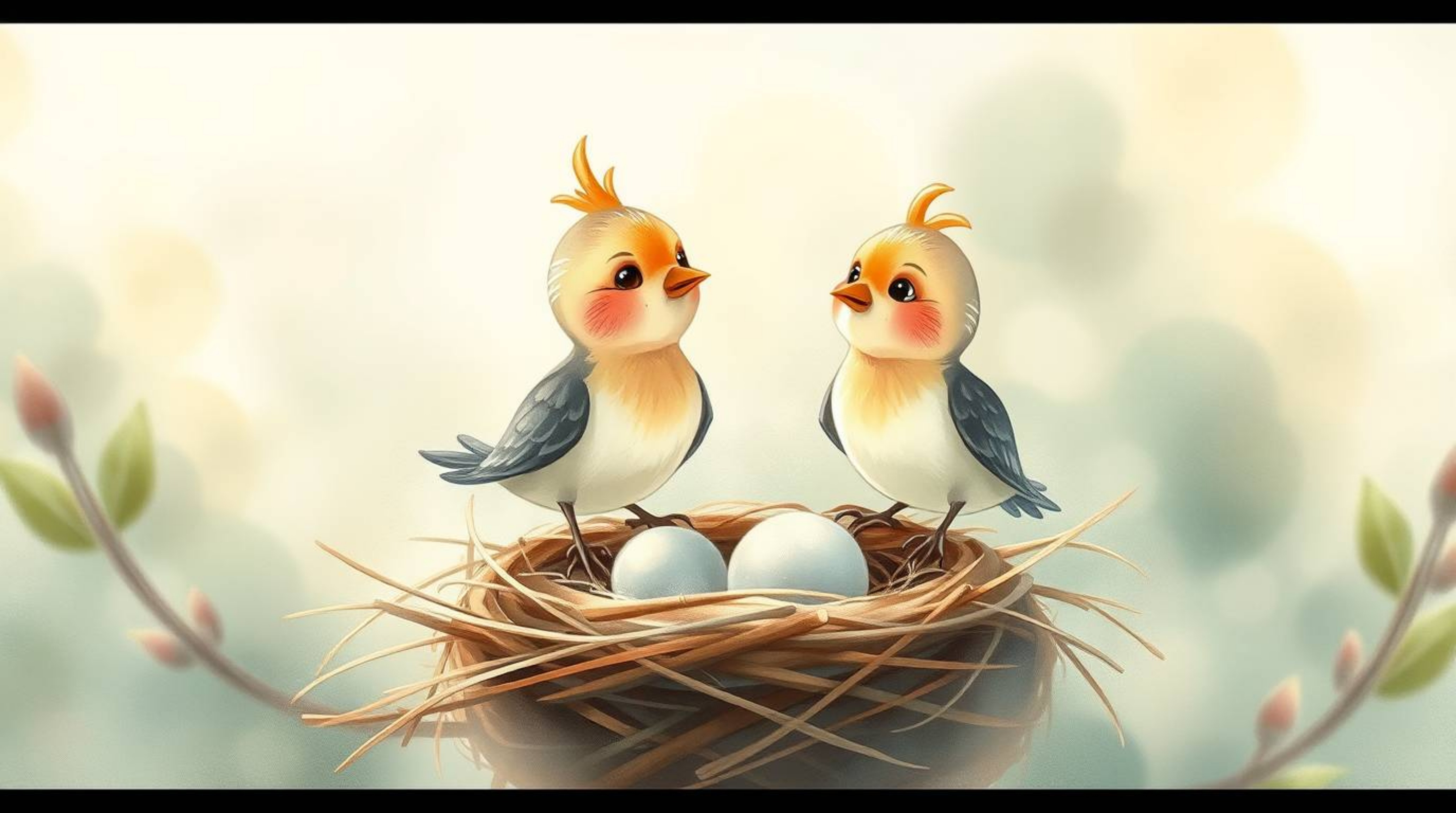 A delicate watercolor painting showcases two cartoon birds diligently building their nest in a classic animation style. The a