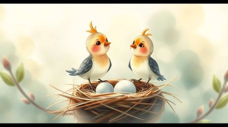 A delicate watercolor painting showcases two cartoon birds diligently building their nest in a classic animation style. The a