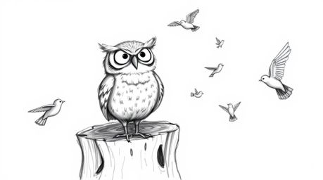 A heartwarming hand-drawn sketch in the style of Pixar portrays a blind owl, filled with joy, perched on a tree stump. Small 