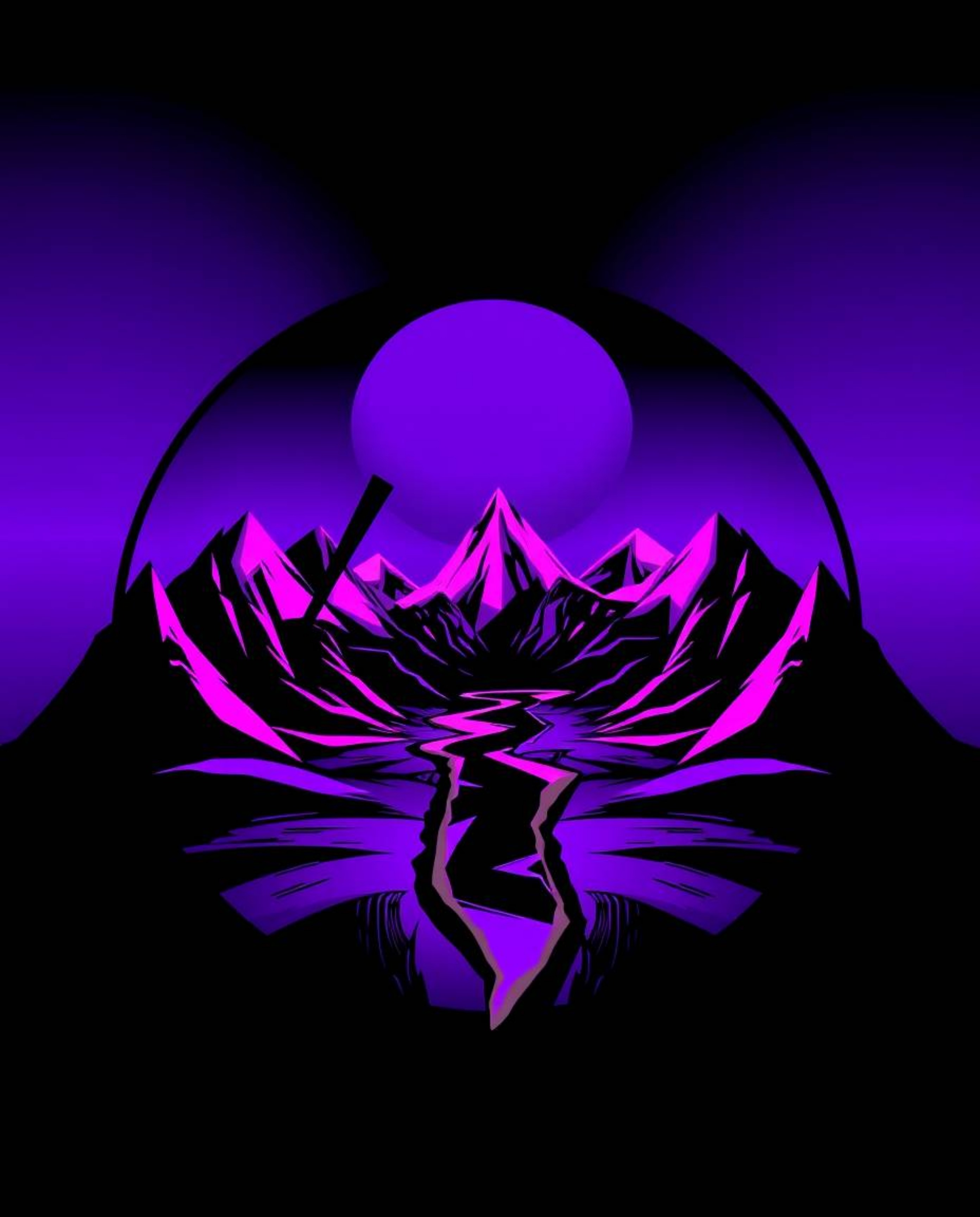 This design explores a digital glitch landscape breaking apart, rendered in geometric shapes and clean lines with vivid purpl