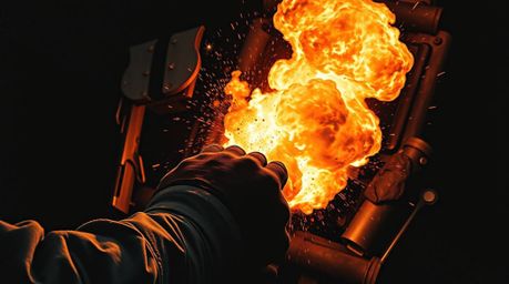 A dramatic, close-up oil painting depicts a classic Wild West TNT explosion. Rendered in intense jet black with deep shadows 