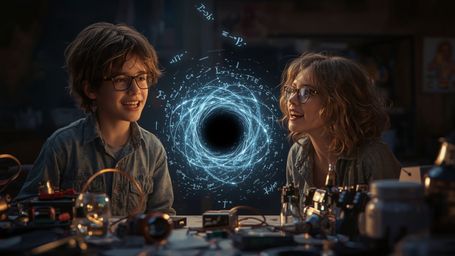 A cinematic, high-contrast photograph in a vibrant, Pixar-inspired style captures two enthusiastically disheveled science fai