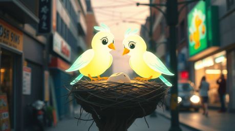 Capture the whimsical charm of candid street photography featuring two glowing bioluminescent cartoon birds meticulously buil