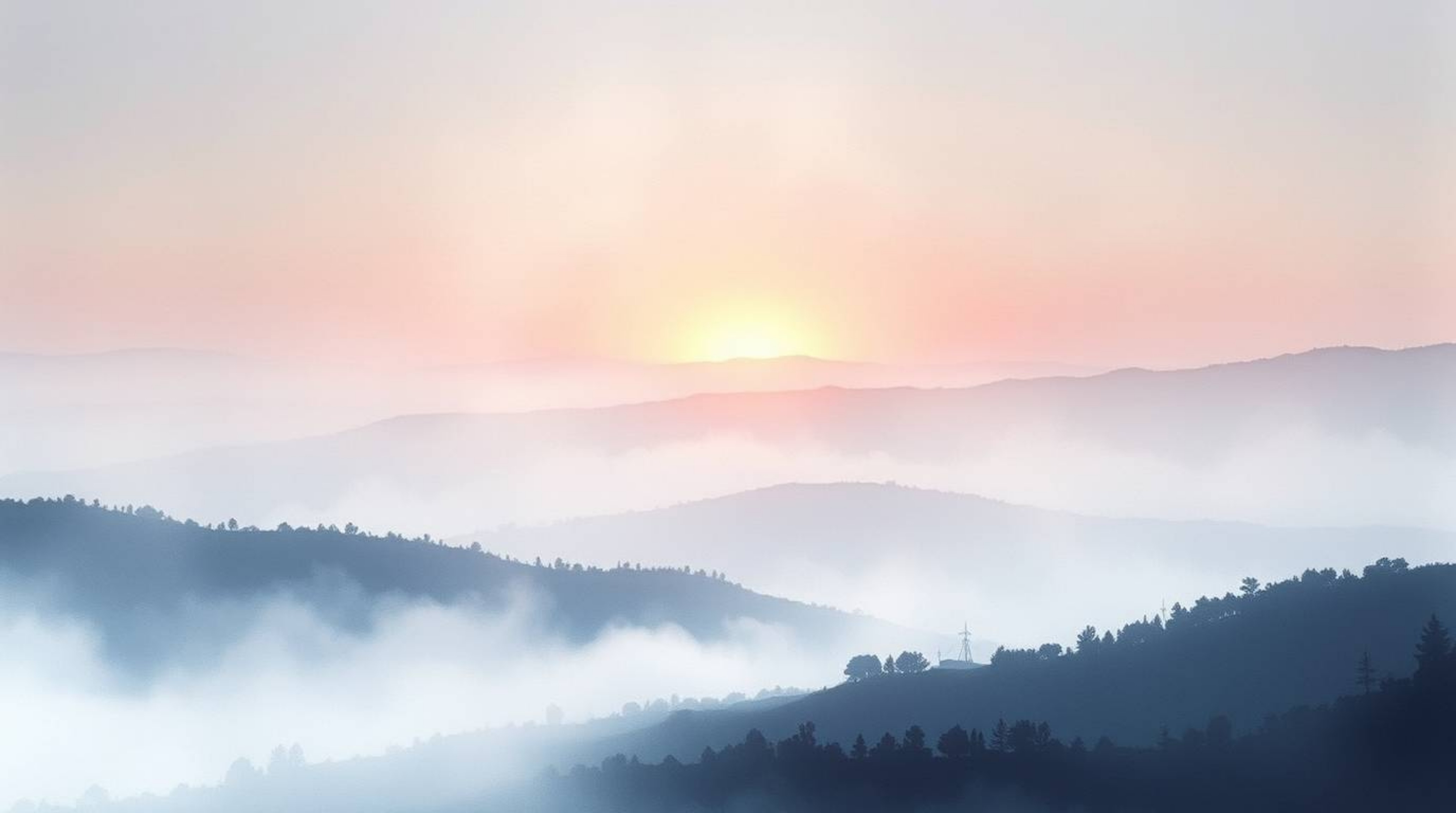 A captivating watercolor painting depicts fog-covered hills bathed in the warm glow of a breaking sunset.  The artwork showca