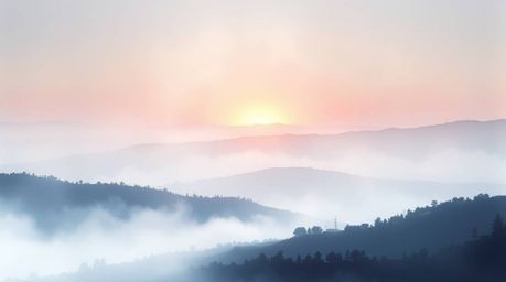 A captivating watercolor painting depicts fog-covered hills bathed in the warm glow of a breaking sunset.  The artwork showca