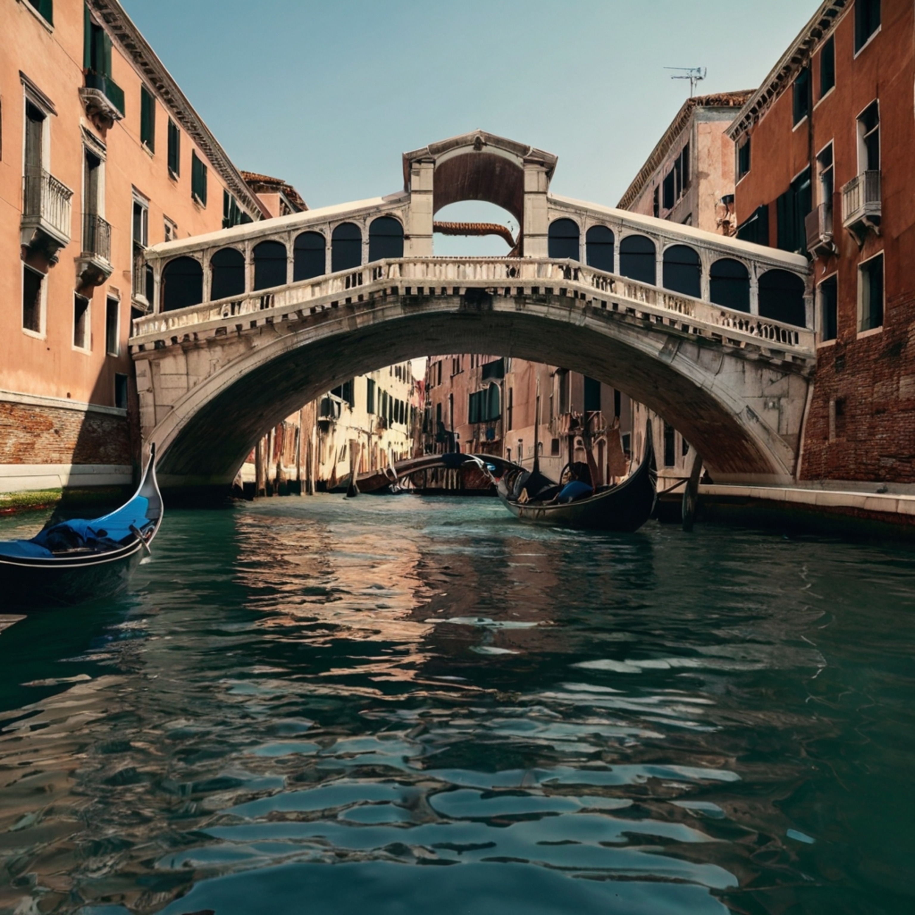 Experience the timeless beauty of Venice with a view of a traditional arched bridge gracefully spanning a canal. Witness the 