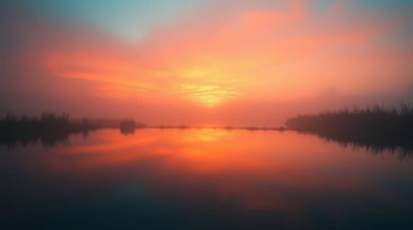 Experience the serene beauty of a calm pond reflecting a colorful sunset, captured in warm terracotta and cool teal tones. Th