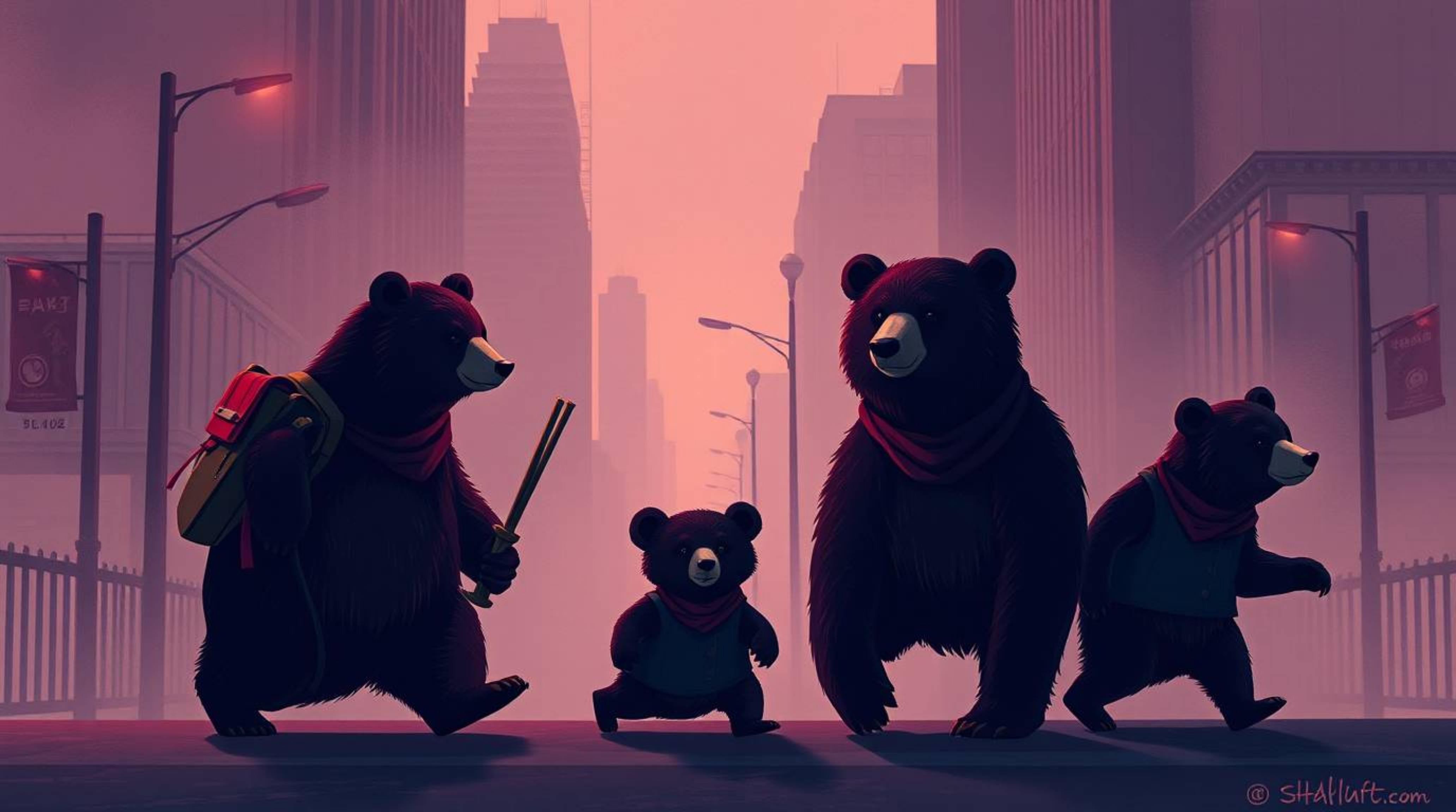 A sophisticated illustration depicting a bear family embarking on an urban adventure, rendered with a soft cinematic haze. Th