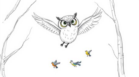 A hand-drawn sketch in the style of Pixar depicts a heartwarming scene: a blind owl with expressive eyes and textured pencil 