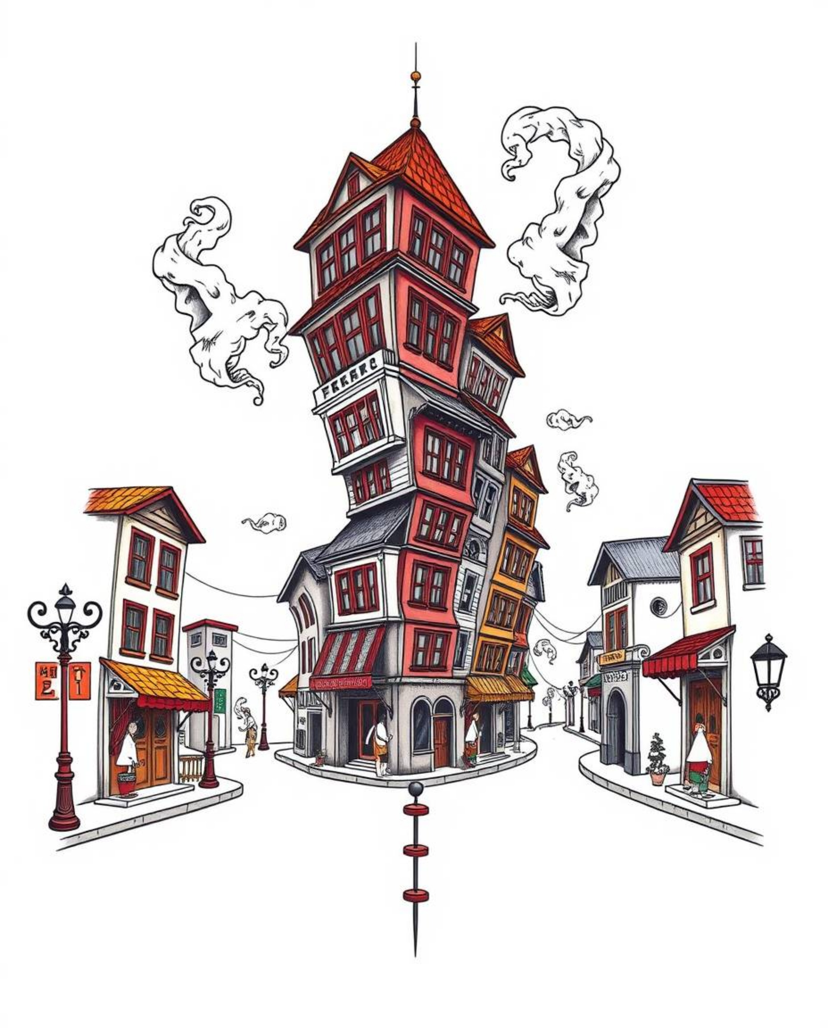 Discover vibrant, symbolic traditional tattoo art prints featuring a surreal street scene with uniquely folding and twisting 