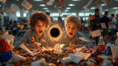 In a vibrant, high-contrast cinematic photo reminiscent of Pixar's whimsical style, a dynamic science fair duo stands amidst 