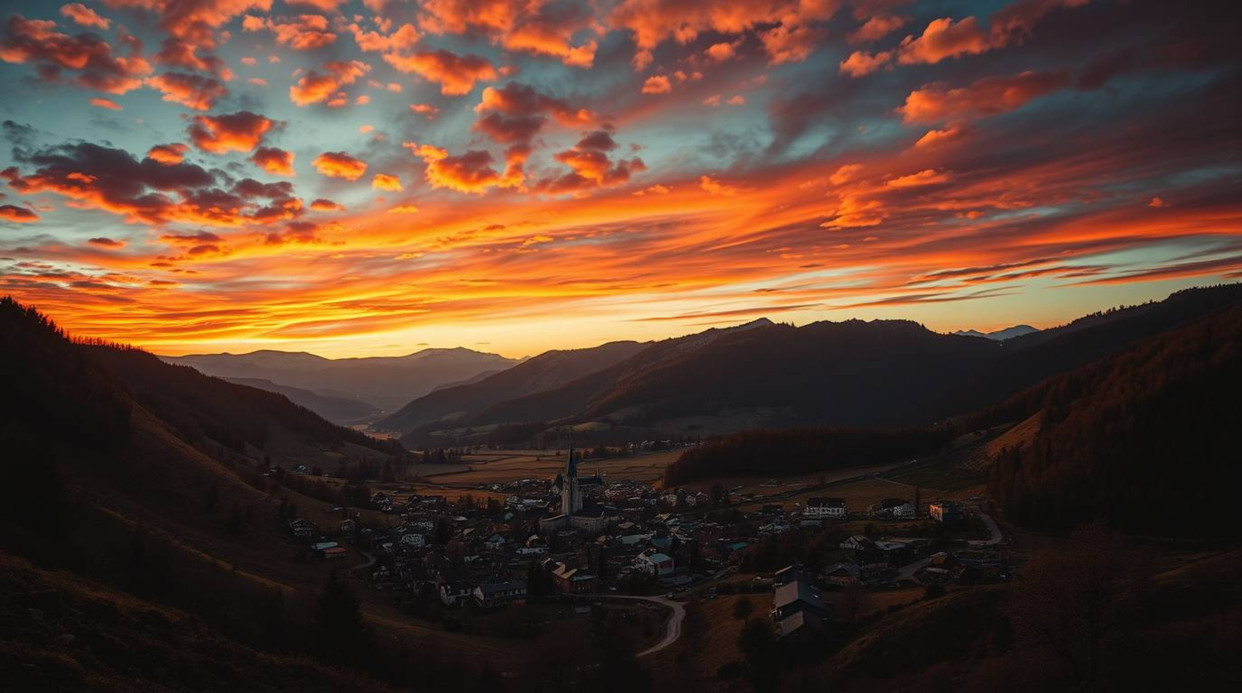 Experience the charm of a cozy village nestled in a valley, captured from a breathtaking bird's-eye view under a vibrant, col