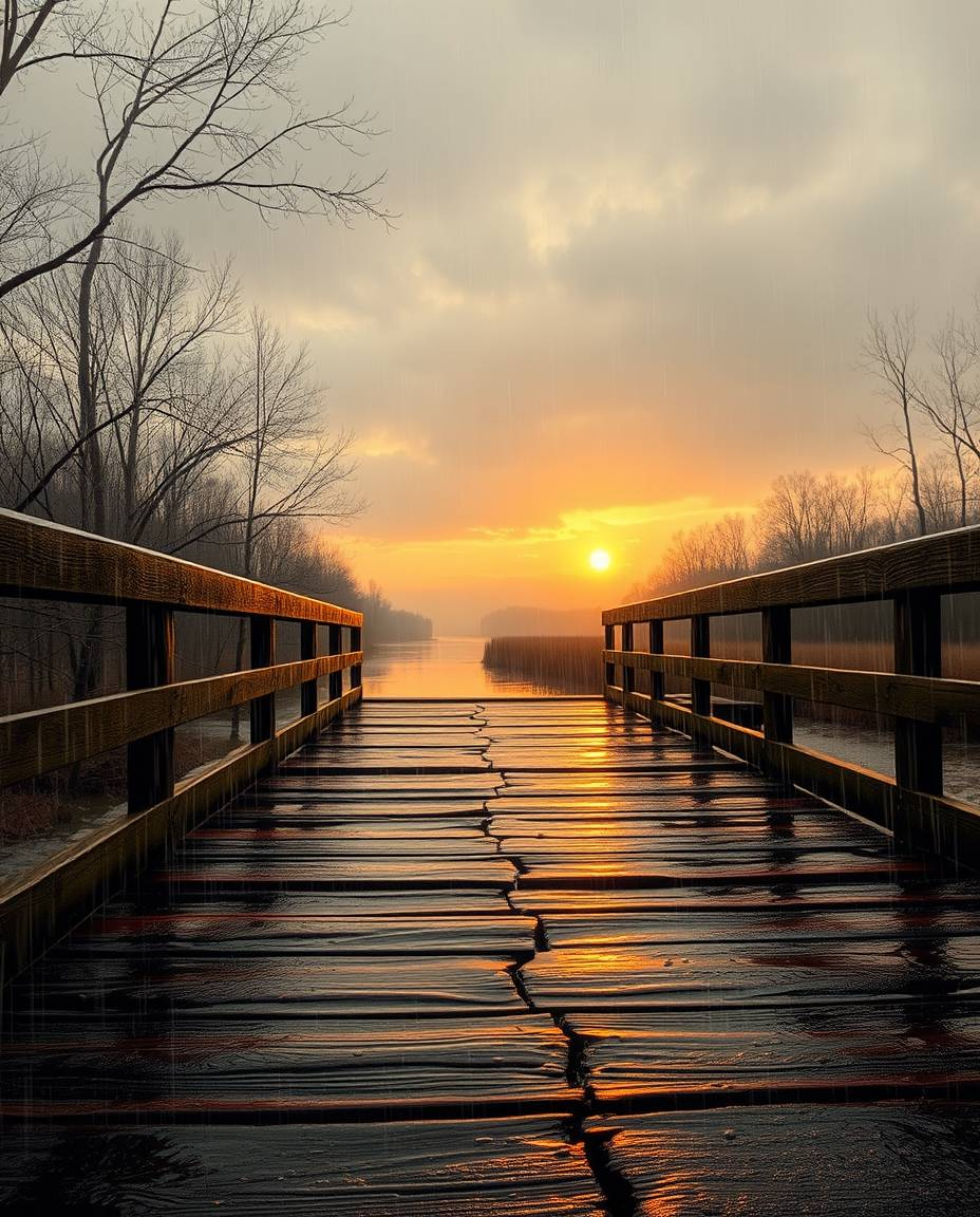 A wet, rainy scene depicts an old wooden bridge over a river at sunset. Rendered in natural earth tones of browns and beiges,