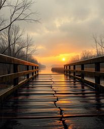 A wet, rainy scene depicts an old wooden bridge over a river at sunset. Rendered in natural earth tones of browns and beiges,