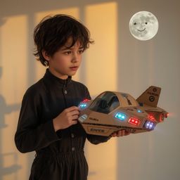 Exquisite high-fashion photography depicts a boy with bright, curious eyes building an intricately detailed cardboard spacesh