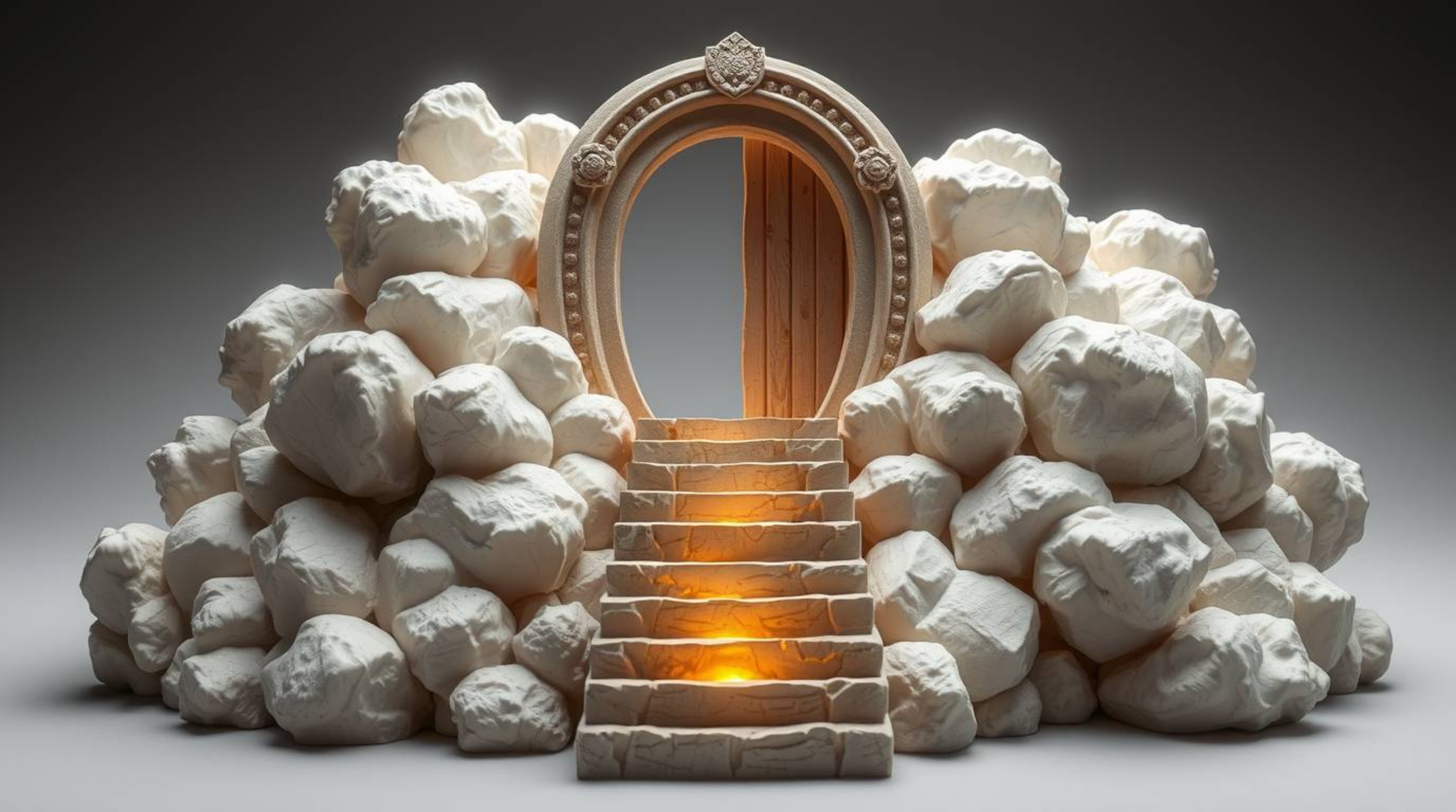 A breathtaking clay sculpture depicting a heavenly gate floating above ethereal clouds.  Stairs lead upwards towards the gate