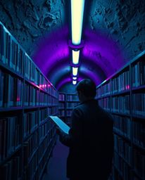 This fine art photograph captures a person's awe-inspiring discovery of a hidden underground library. The image boasts a soft