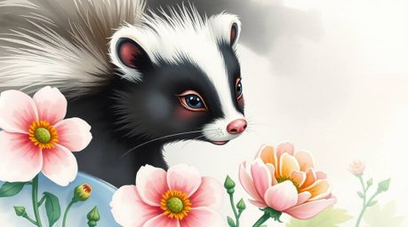 A delicate watercolor painting showcases a cartoon skunk playfully spraying perfume onto flowers. The use of translucent wash