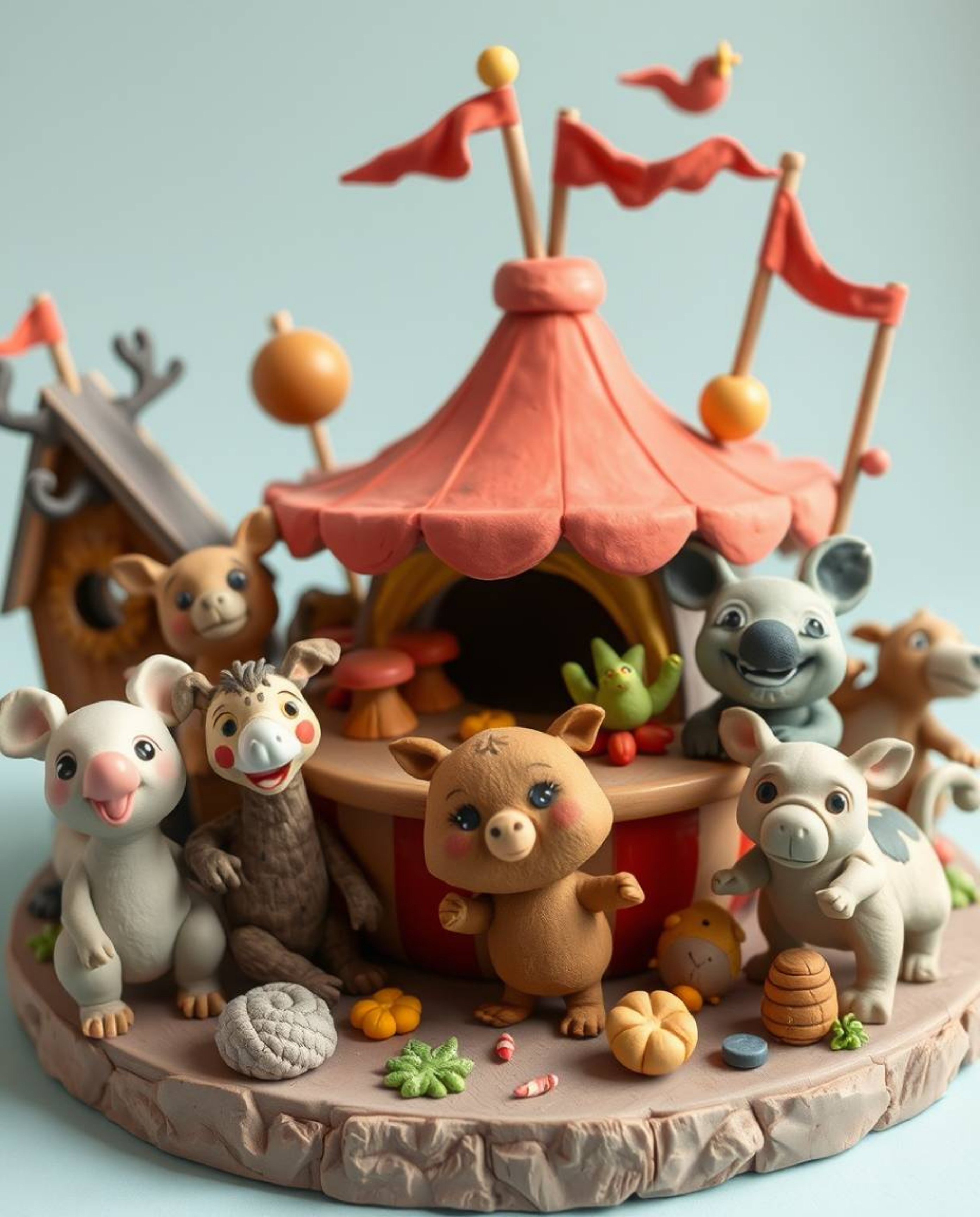 This whimsical sculptural clay artwork depicts an adorable and cute carnival scene overtaken by wild animals, creating a capt