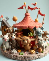 This whimsical sculptural clay artwork depicts an adorable and cute carnival scene overtaken by wild animals, creating a capt