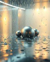 Explore the captivating world of a wet, rainy scene bathed in a soft, dreamy atmosphere.  Visualize smooth 3D metallic shapes