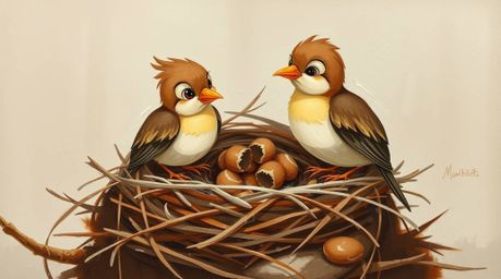 This captivating oil painting depicts two cartoon birds diligently building a nest in a charming classic animation style. Th