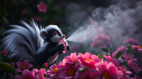 A charming high-angle view showcases a cartoon skunk playfully spraying perfume on flowers. The image is brought to life with
